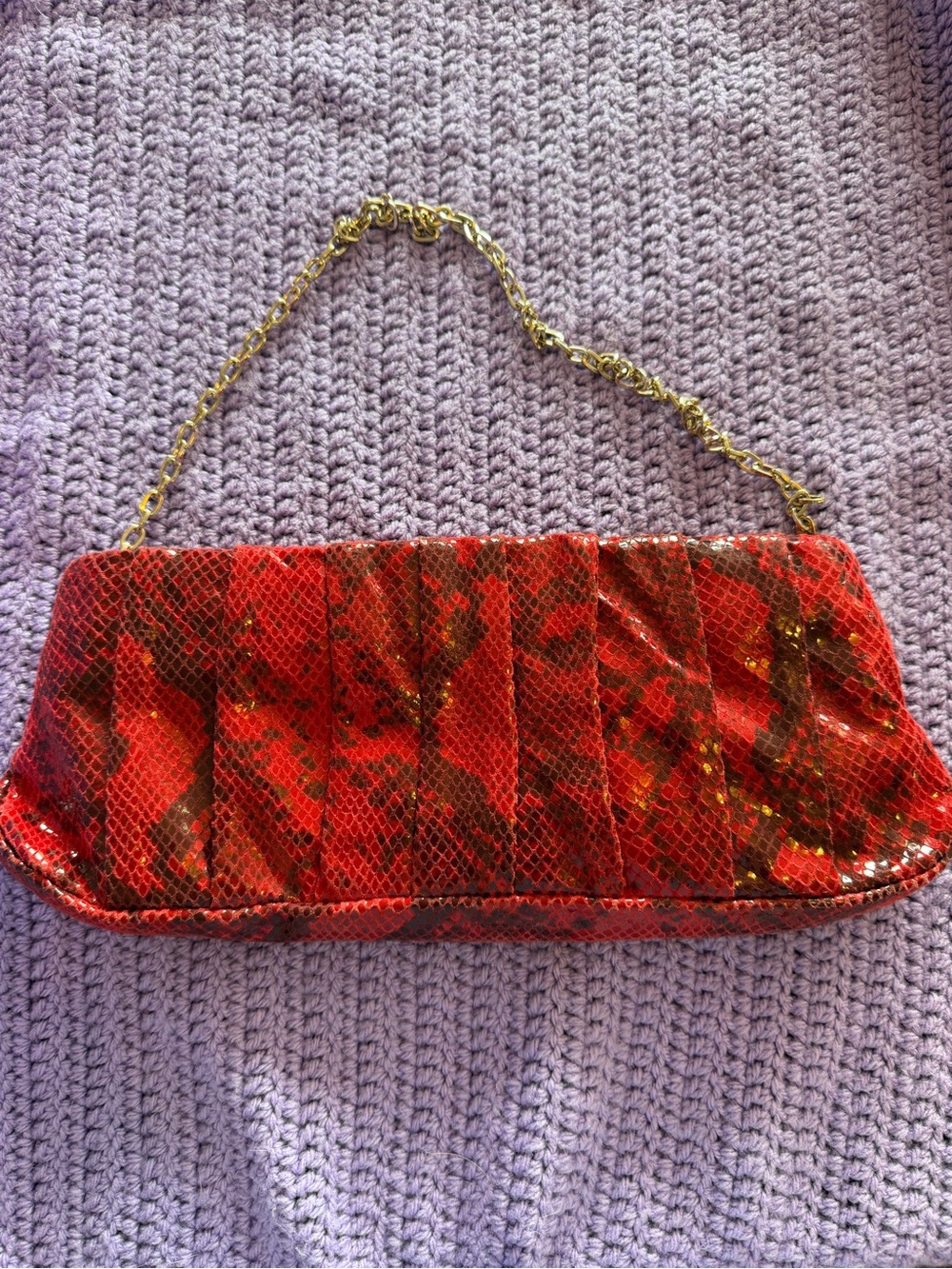 Antoni Melani Red Snakeskin Embossed Clutch Purse Gold Chain Evening Bag Handbag
